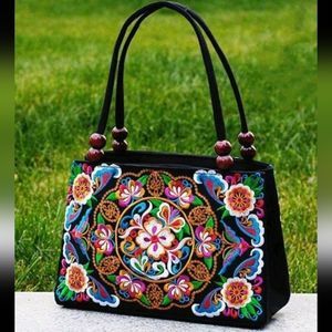 Embroidered Black Floral Purse/Handbag